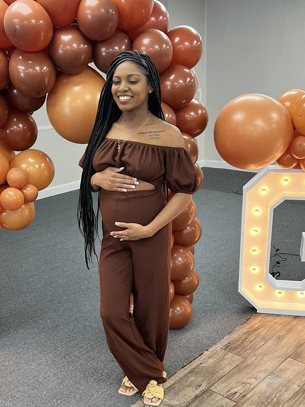 Momnfancy Brown Off Shoulder Lace-up Maternity Baby Shower Jumpsuit