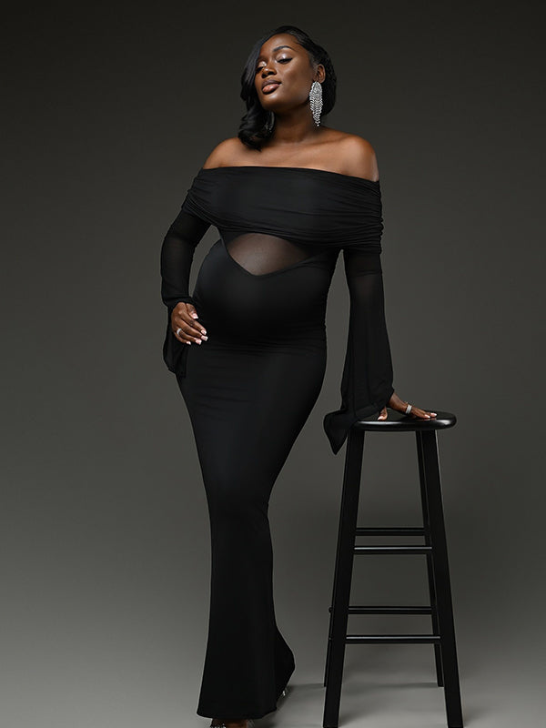 Momnfancy Boat Neck Flare Sleeve Sheer Maternity Maxi Dresses