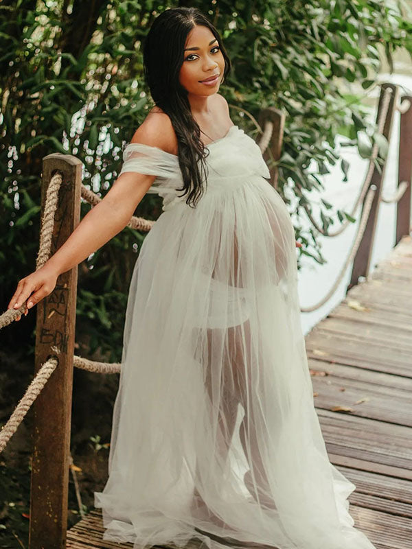 Momnfancy Off Shoulder Tulle Sheer Photoshoot Maternity Maxi Dress