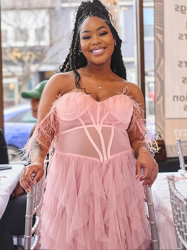 Momnfancy Pink Bandeau Off Shoulder Feather Tulle Maternity Photoshoot Dress