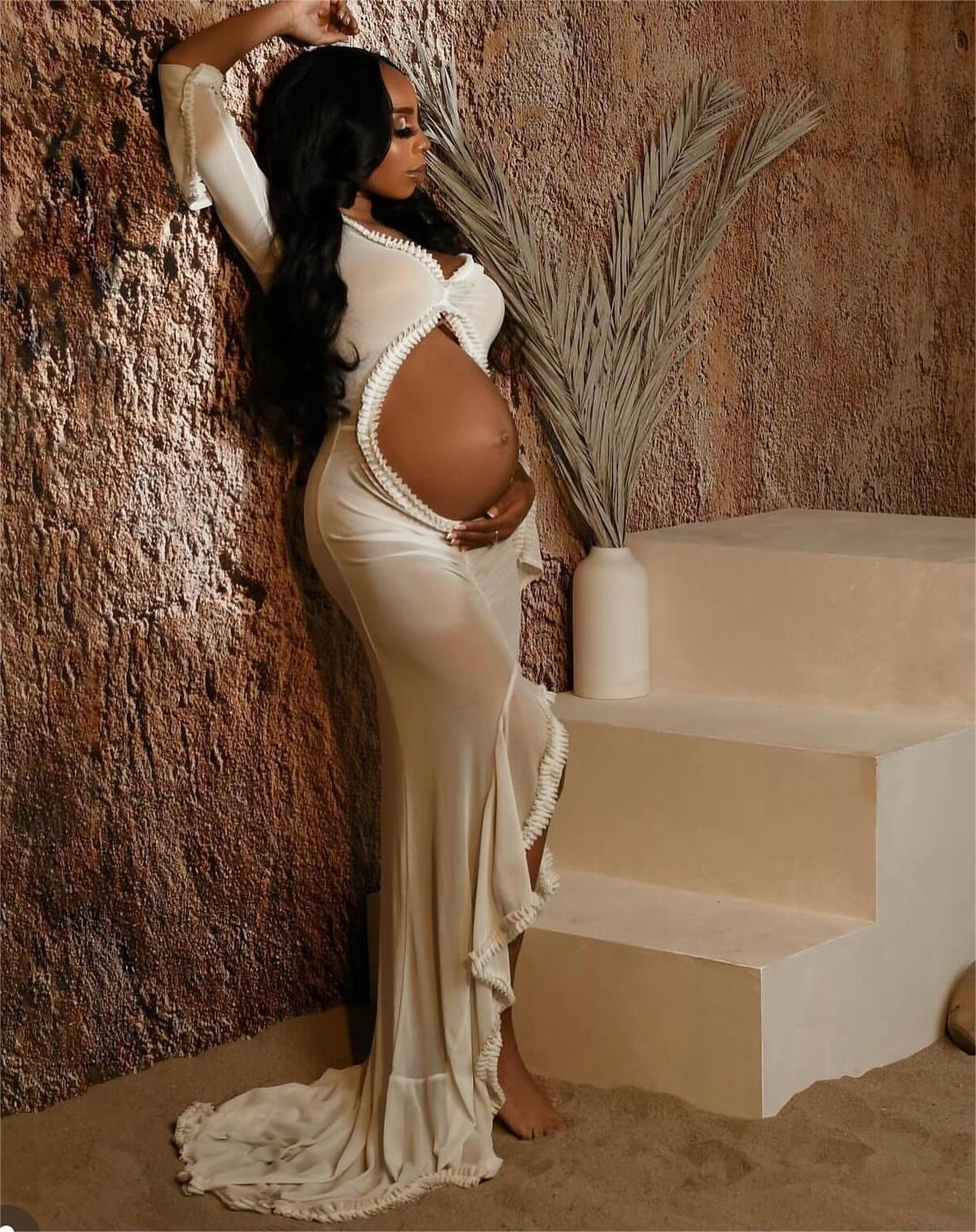 Momnfancy Mesh Ruffle Cut Out Crop Irregular Split Sheer Photoshoot Maternity Maxi Dress