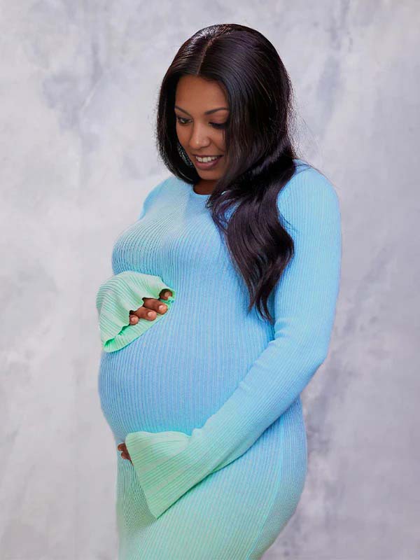 Momnfancy Light Blue Hit Color Flare Sleeve Mermaid Elegant Photoshoot Baby Shower Maternity Maxi Sweater Dress