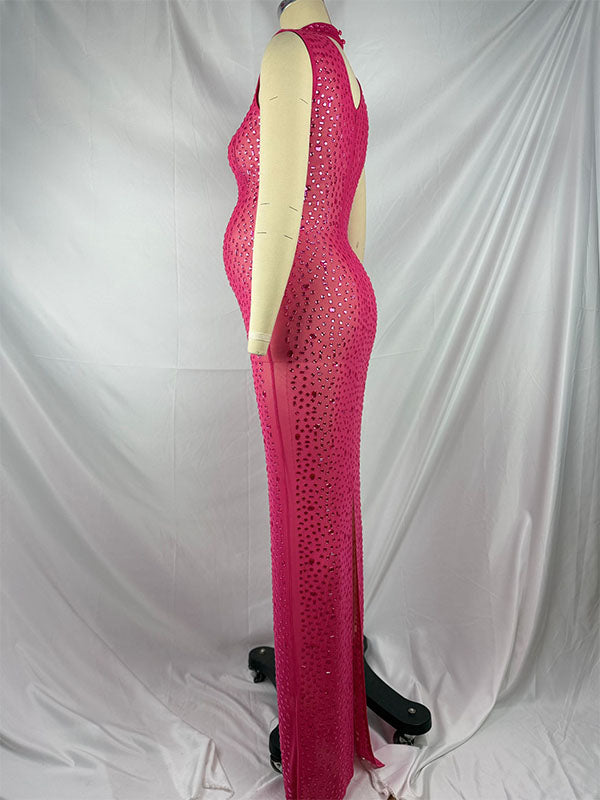 Momnfancy Diamond Trendy Fitted Sleeveless Mesh Club Evening Bodycon Baby Shower Maternity Maxi Dress