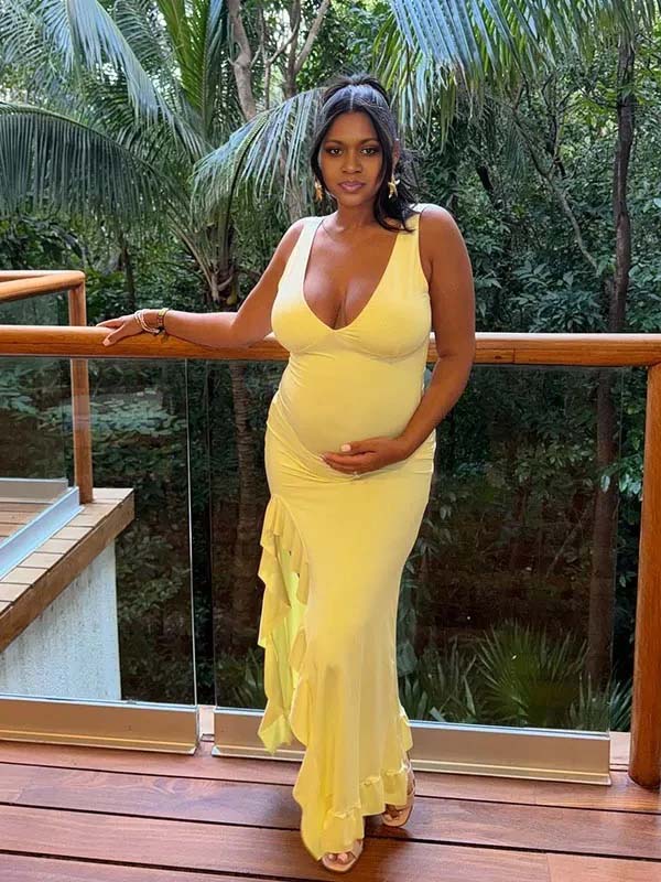 Momnfancy Yellow Mesh Ruffle Side Slit Bodycon Baby Shower Maternity Maxi Dress