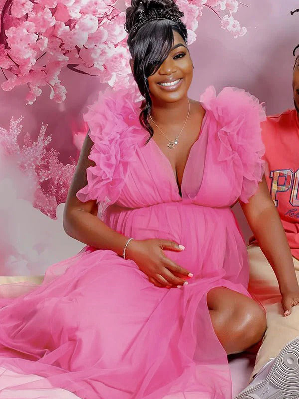 Momnfancy Pink Tulle Ruffle Swing V-neck Maternity Photoshoot Maxi Dress