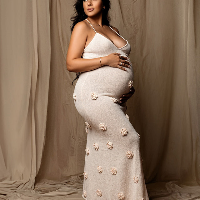 Momnfancy White Spaghetti Strap Backless 3D Flowers Maternity Maxi Dress