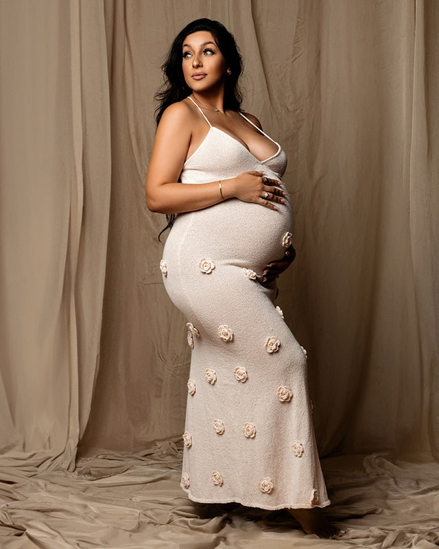 Momnfancy White Spaghetti Strap Backless 3D Flowers Maternity Maxi Dress