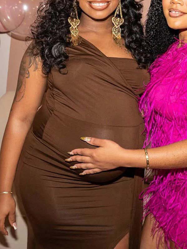 Momnfancy Side Slit Oblique Shoulder Babyshower Maternity Maxi Dress