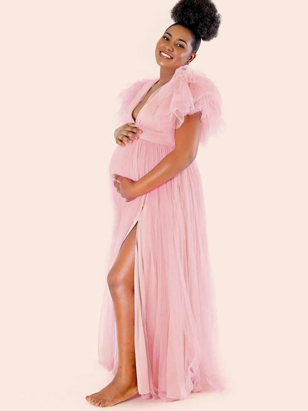 Momnfancy Ruffle Tulle Split Joint V-Neck Trailing Puffy Plus Size Photoshoot Formal Maternity Maxi Dress