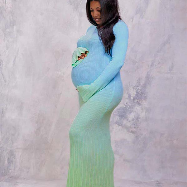 Momnfancy Light Blue Hit Color Flare Sleeve Mermaid Elegant Photoshoot Baby Shower Maternity Maxi Sweater Dress