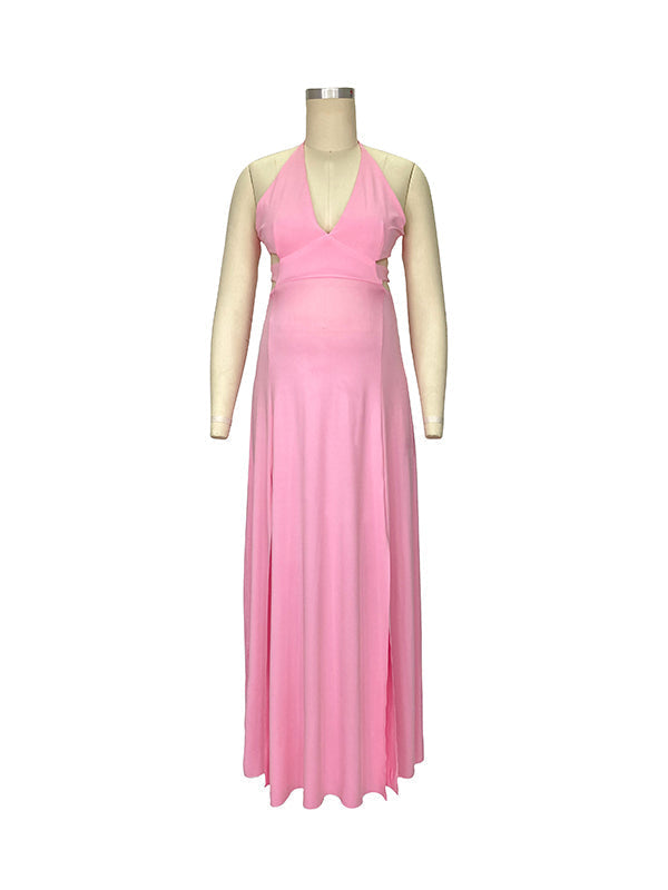 Momnfancy Pink Spaghetti Strap Halter Neck Backless Maternity Baby Shower Maxi Dress