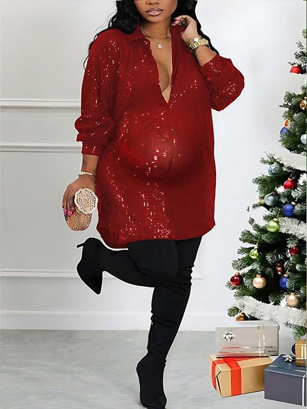 Momnfancy Sequin Button Down Shirt Lapel Sparkle Glitter Tunic Tops Loose Blouse Babyshower Maternity Mini Dress