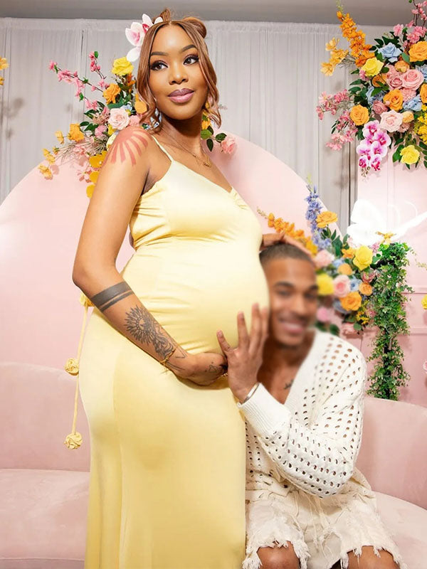 Momnfancy 3D Flowers Backless Sweetheart Neckline Bodycon Elegant Baby Shower Maternity Maxi Dress