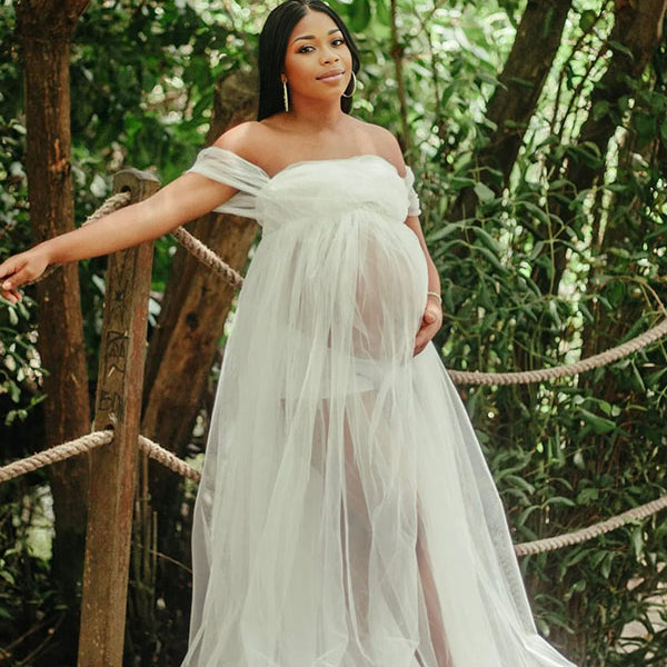 Momnfancy Off Shoulder Tulle Sheer Photoshoot Maternity Maxi Dress