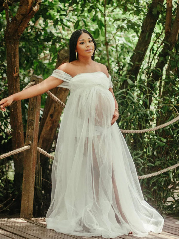 Momnfancy Off Shoulder Tulle Sheer Photoshoot Maternity Maxi Dress