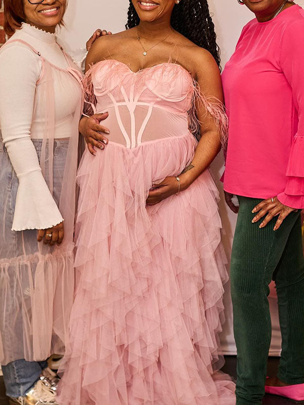 Momnfancy Pink Bandeau Off Shoulder Feather Tulle Maternity Photoshoot Dress