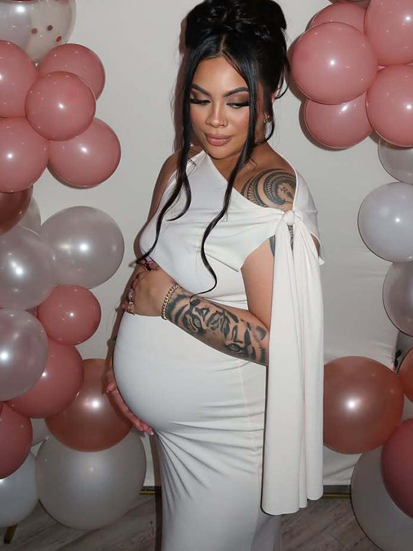 Momnfancy Strap Ties One Shoulder Baby Shower Maternity Maxi Dress