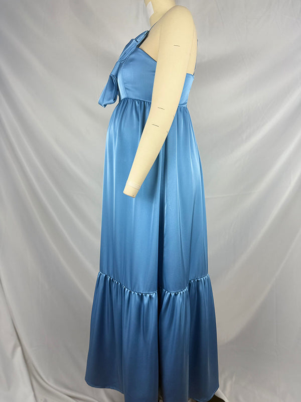 Momnfancy Blue Satin Bowknot One Shoulder A-line Baby Shower Maternity Maxi Dress