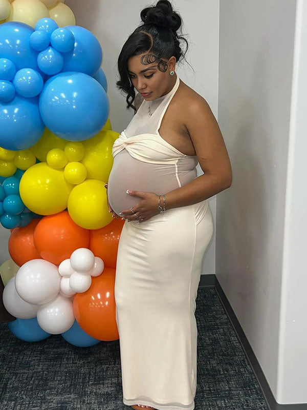 Momnfancy Mesh Bodycon Ruched Sheer Photoshoot Maternity Maxi Dress