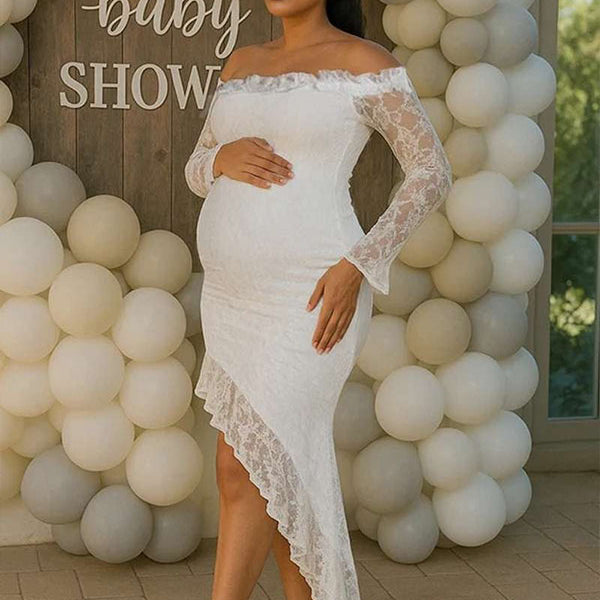 Momnfancy White Lace Off Shoulder Ruffle Side Slit Irregular Bodycon Baby Shower Maternity Maxi Dress