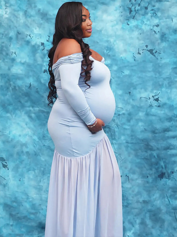 Momnfancy Off Shoulder Mesh Bodycon Mermaid Party Gown Baby Shower Maternity Maxi Dress