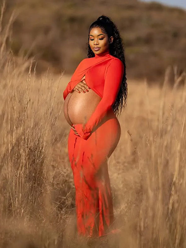 Momnfancy Red Cross Front Crop Cut Out Maternity Photoshoot Dress