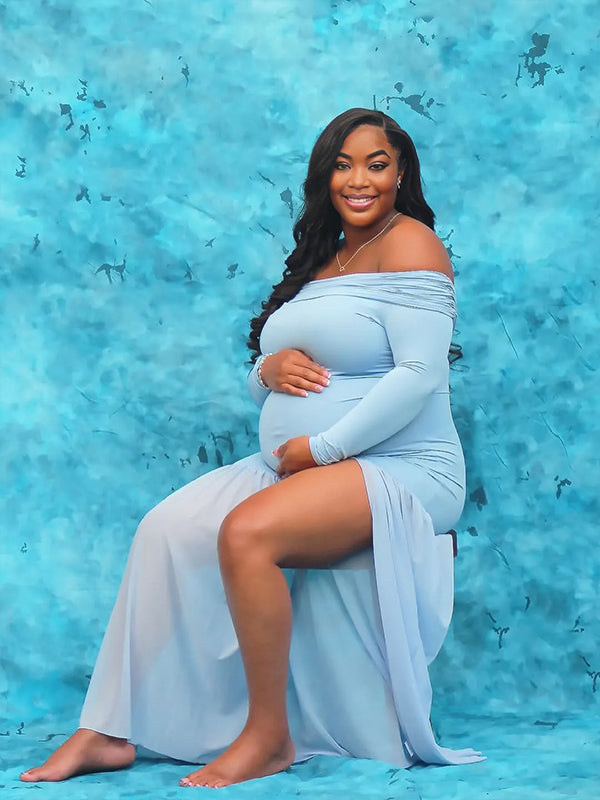 Momnfancy Off Shoulder Mesh Bodycon Mermaid Party Gown Baby Shower Maternity Maxi Dress