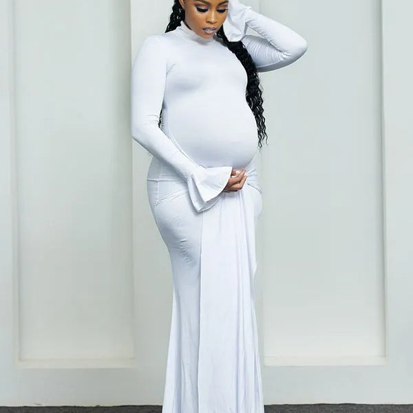 Momnfancy White Ruched Draped Lace-up Flare Sleeve Mermaid Bodycon Photoshoot Maternity Maxi Dress