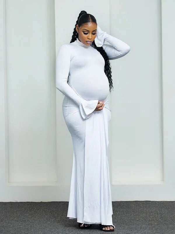 Momnfancy White Ruched Draped Lace-up Flare Sleeve Mermaid Bodycon Photoshoot Maternity Maxi Dress