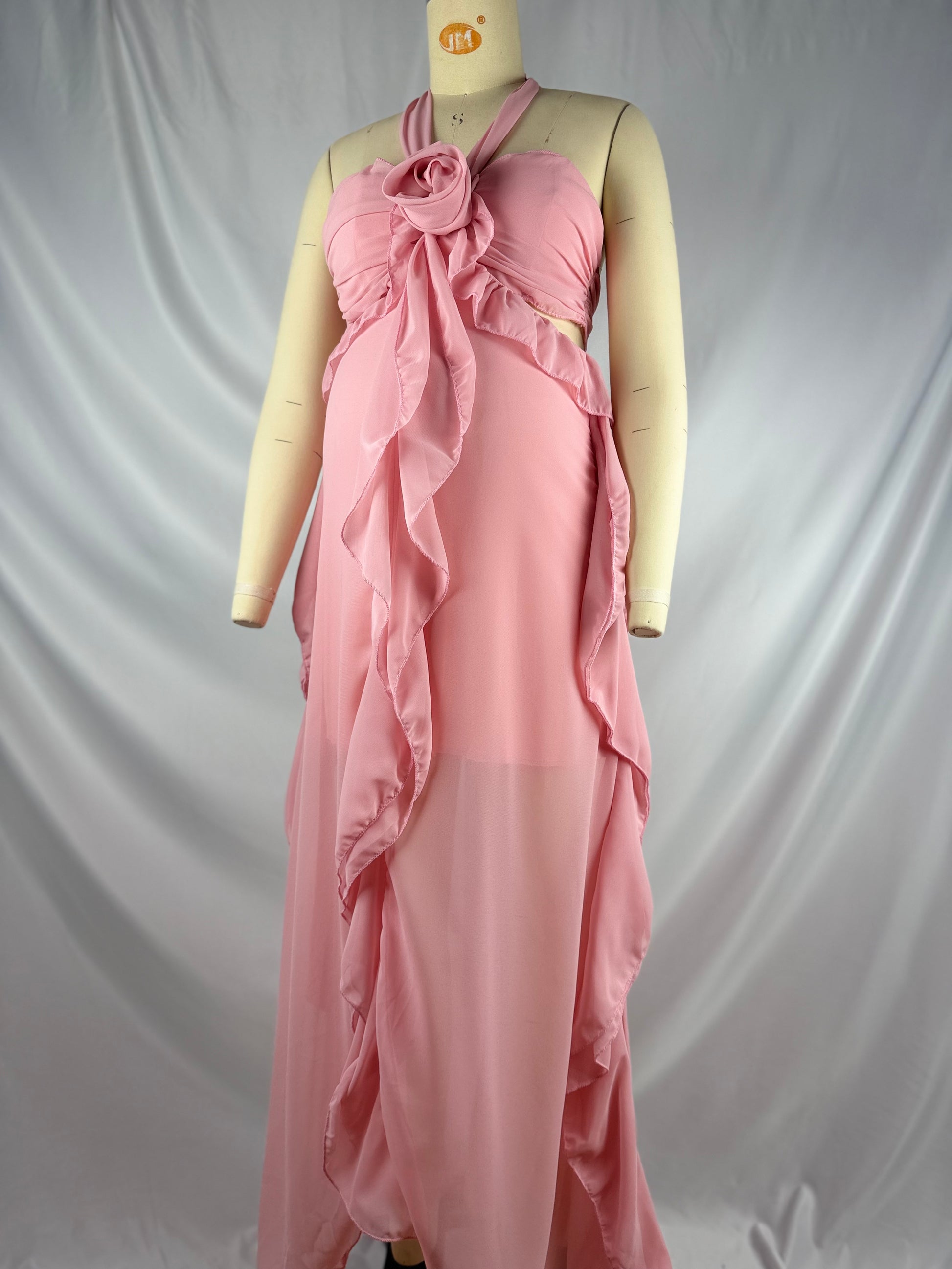 Momnfancy Pink Halter Neck 3D-flowers Ruffle Falbala Party Baby Shower Maternity Maxi Dresses