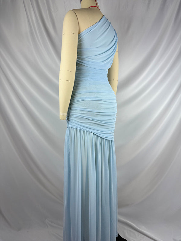 Momnfancy One Shoulder Mesh Ruched Mermaid Evening Gown Baby Shower Maternity Maxi Dress