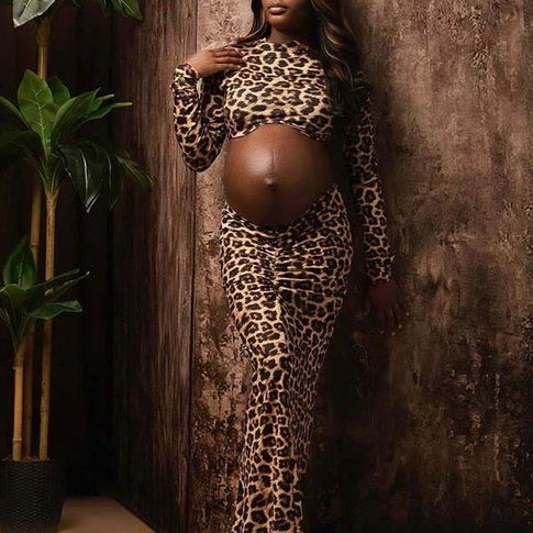 Momnfancy Lepoard 2-in-1 Bodycon Photoshoot Maternity Maxi Dress