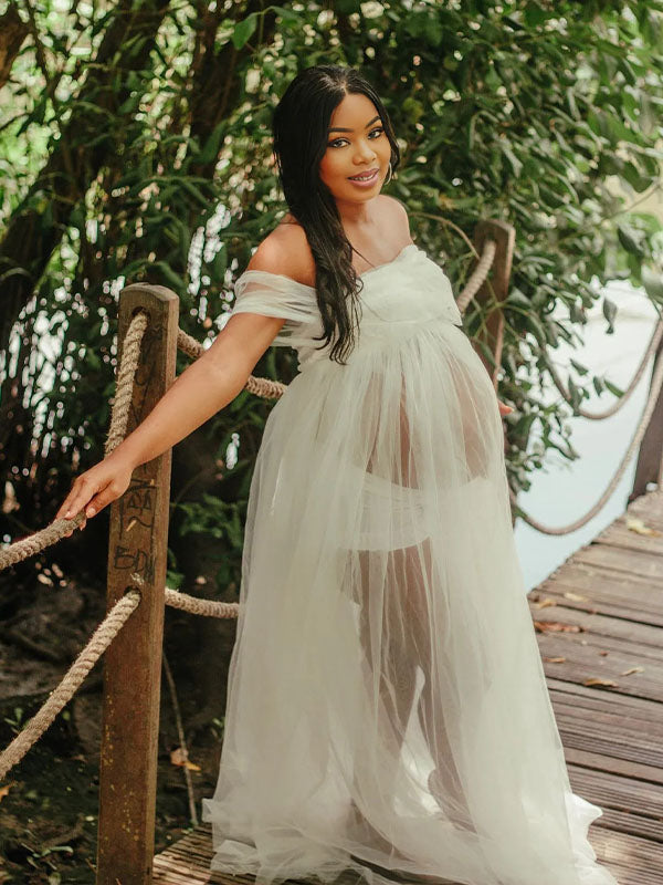 Momnfancy Off Shoulder Tulle Sheer Photoshoot Maternity Maxi Dress