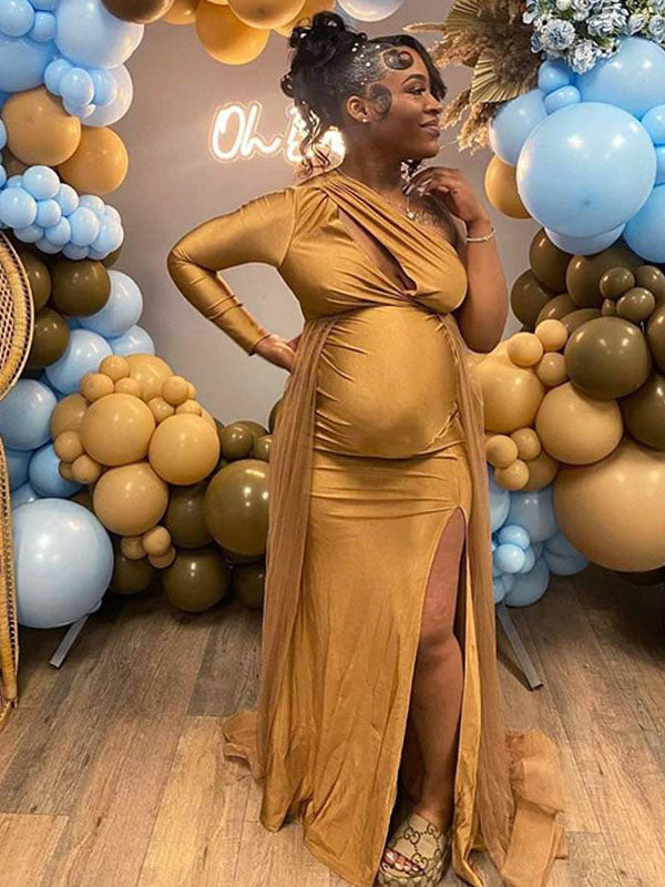 Momnfancy Gold Cut Out Side Slit One Shoulder Bodycon Evening Gowns Babyshower Maternity Maxi Dress