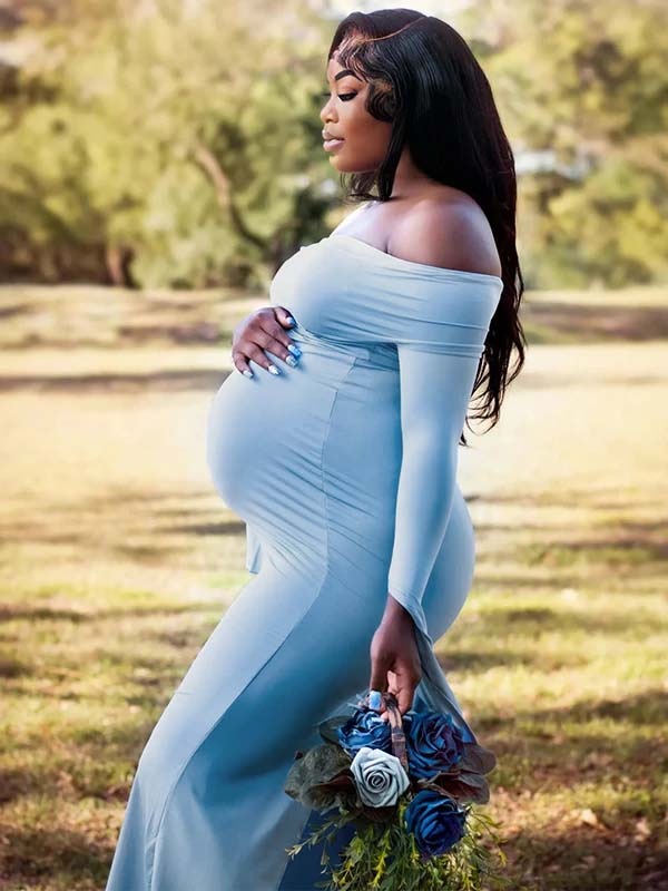 Momnfancy Boat Neck Flare Sleeve Maternity Maxi Dresses