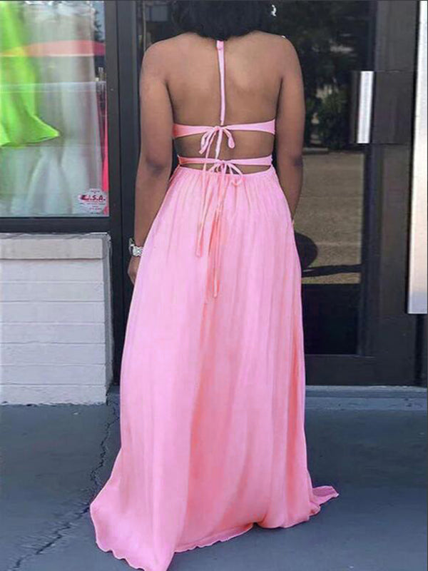Momnfancy Pink Spaghetti Strap Halter Neck Backless Maternity Baby Shower Maxi Dress