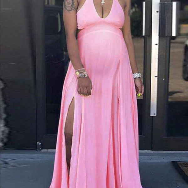 Momnfancy Pink Spaghetti Strap Halter Neck Backless Maternity Baby Shower Maxi Dress