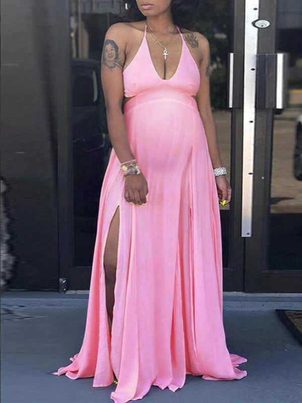 Momnfancy Pink Spaghetti Strap Halter Neck Backless Maternity Baby Shower Maxi Dress