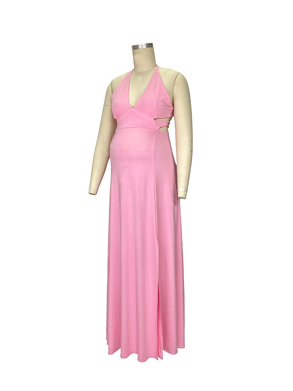 Momnfancy Pink Spaghetti Strap Halter Neck Backless Maternity Baby Shower Maxi Dress