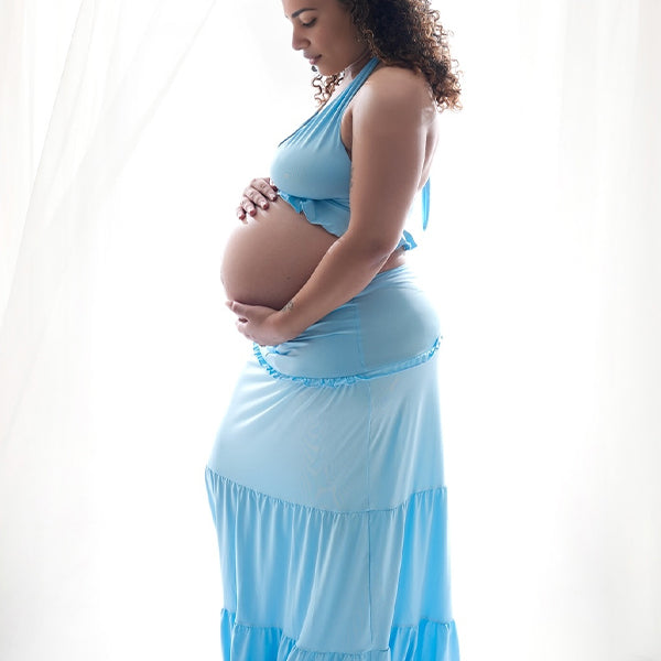 Momnfancy Blue 2-in-1 Ruffle Twist Backless Photoshoot Maternity Maxi Dress