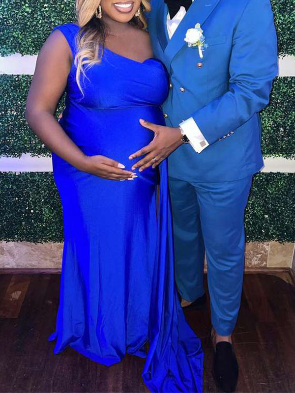 Momnfancy Side Slit Oblique Shoulder Trailing Babyshower Maternity Maxi Dress