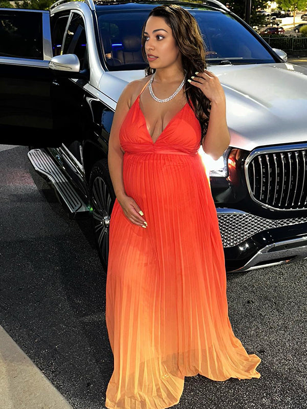 Momnfancy Orange Gradient Color Pleated Cami Maternity Maxi Dress