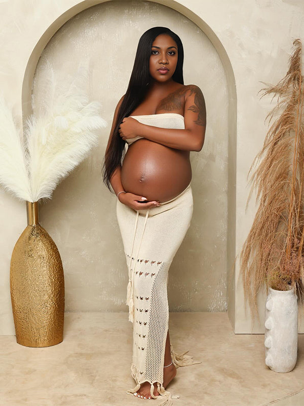 Momnfancy Beige 2-in-1 Cut Out Tassel Photoshoot Maternity Maxi Dress