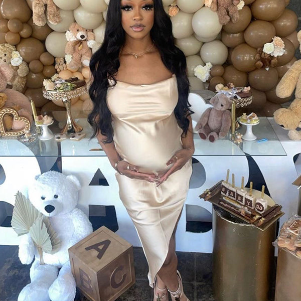 Momnfancy Satin Spaghetti Strap Tie Back Backless Baby Shower Maternity Maxi Dress