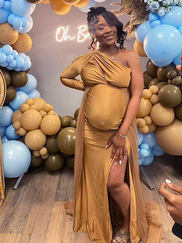 Momnfancy Gold Cut Out Side Slit One Shoulder Bodycon Evening Gowns Babyshower Maternity Maxi Dress