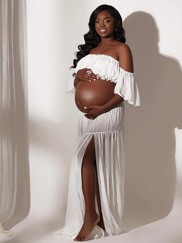 Momnfancy Bohemian Off Shoulder Backless Ruffle 2 piece set Photoshoot Maternity Maxi Dress