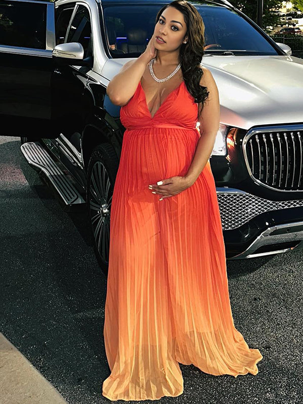 Momnfancy Orange Gradient Color Pleated Cami Maternity Maxi Dress