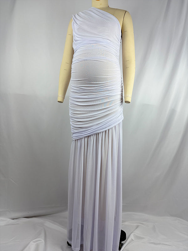 Momnfancy One Shoulder Mesh Ruched Mermaid Evening Gown Baby Shower Maternity Maxi Dress