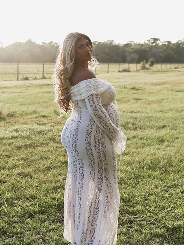 Momnfancy White Off Shoulder Lace Bandeau Tie Front Mermaid Bandage Going Out Photoshoot Maternity Maxi Dress