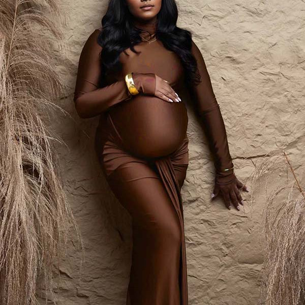 Momnfancy Brown Plus Size Ruched Lace-up Bodycon Photoshoot Maternity Maxi Dress